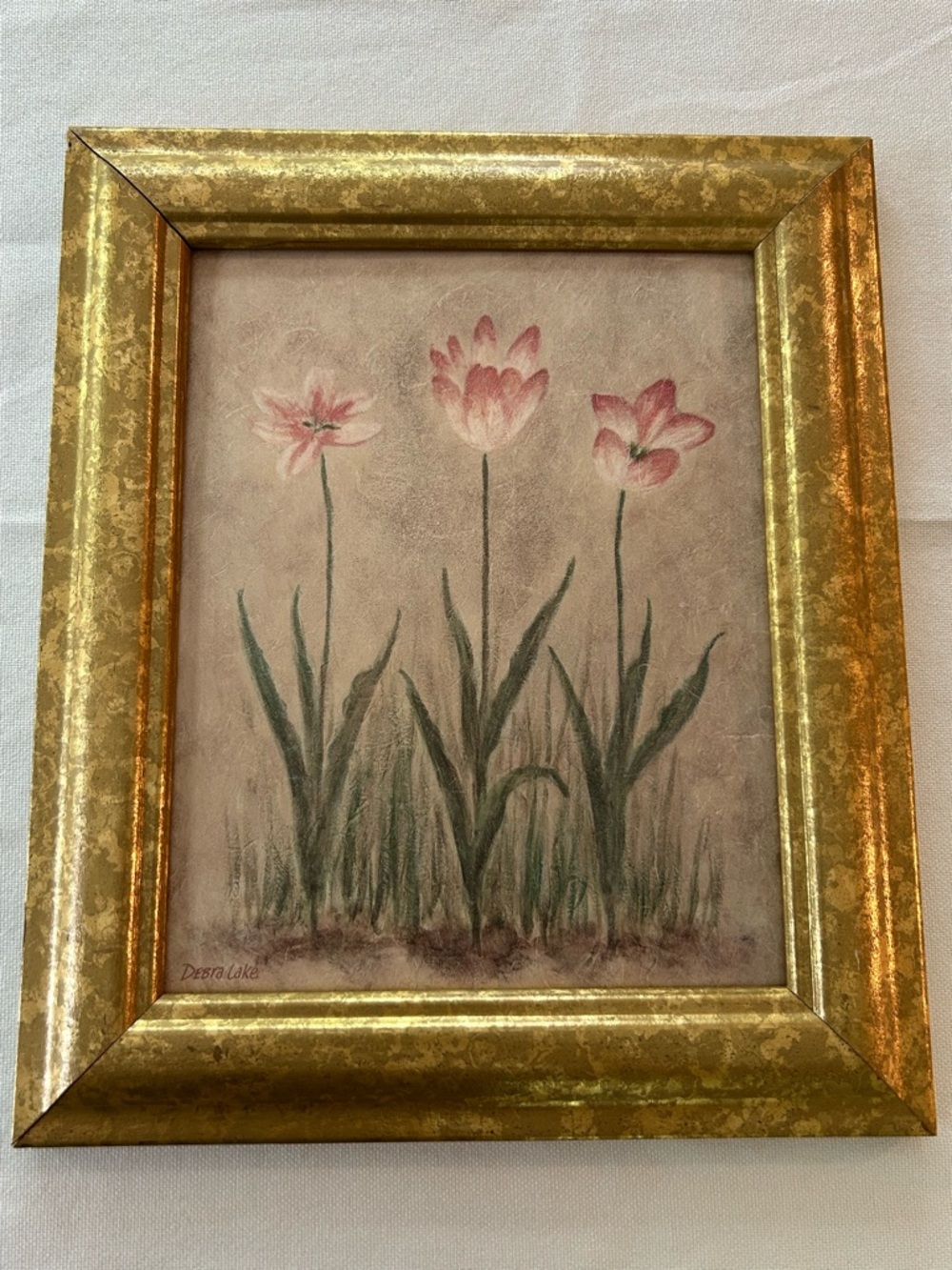 VTG Debra Lake Pink Blossoms Floral 8x10 Artist Print & Wood Painted Gold Frame